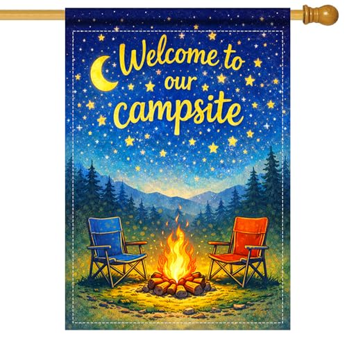 Image of Nuxovilar Camping Flag Fire Pit Garden Flag 28x40 Inches Polyester | Camping Decor Campsite Flag starry night banner camping invite sign patio yard park (Campsite Chair)