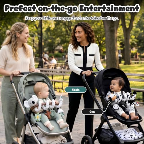 Image of Stuffed Aesthetic Koala Spiral Car Seat Toys for Babies, Gender Neutral Infant Stroller Toy with Teether Hanging, Baby Registry Search Must Haves 0-6 Months
