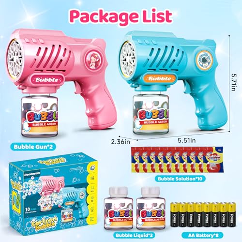 Tecnock 2er-Pack Seifenblasenpistolen für Kinder, automatisch, mit LED-Licht und 10 Düsen, 8 AA-Batterien inklusive, 3 Flaschen Seifenblasenlösung & 10 Nachfüllpacks, leicht, auslaufsarm