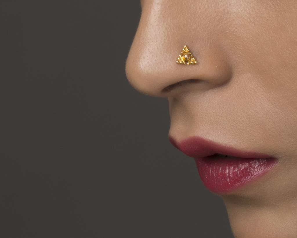 Indian Style Nose Stud, Unique 22K Yellow Gold Triangle Tribal Nose Screw, Fits Cartilage Earring, Tragus & Helix Piercing, 24g, Handmade Jewelry