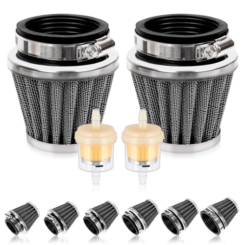 Swpeet 2Pcs 50mm Motorcycle Air Filter with 2Pcs Fuel Filter Replace Assortment Kit, Universal Cone Intake Breather Cleaner Replacement for 50cc 110cc 125cc 150cc 200cc Atv Dirt Bike, Scooter (Black)