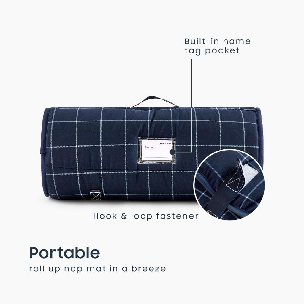 Wake In Cloud - Toddler Nap Mat with Pillow and Blanket, for Kids Boys Girls Ages 3 Plus in Kindergarten Daycare Preschool Pre K, Roll Up Sleeping Bag, Gingham Grid Checkered
