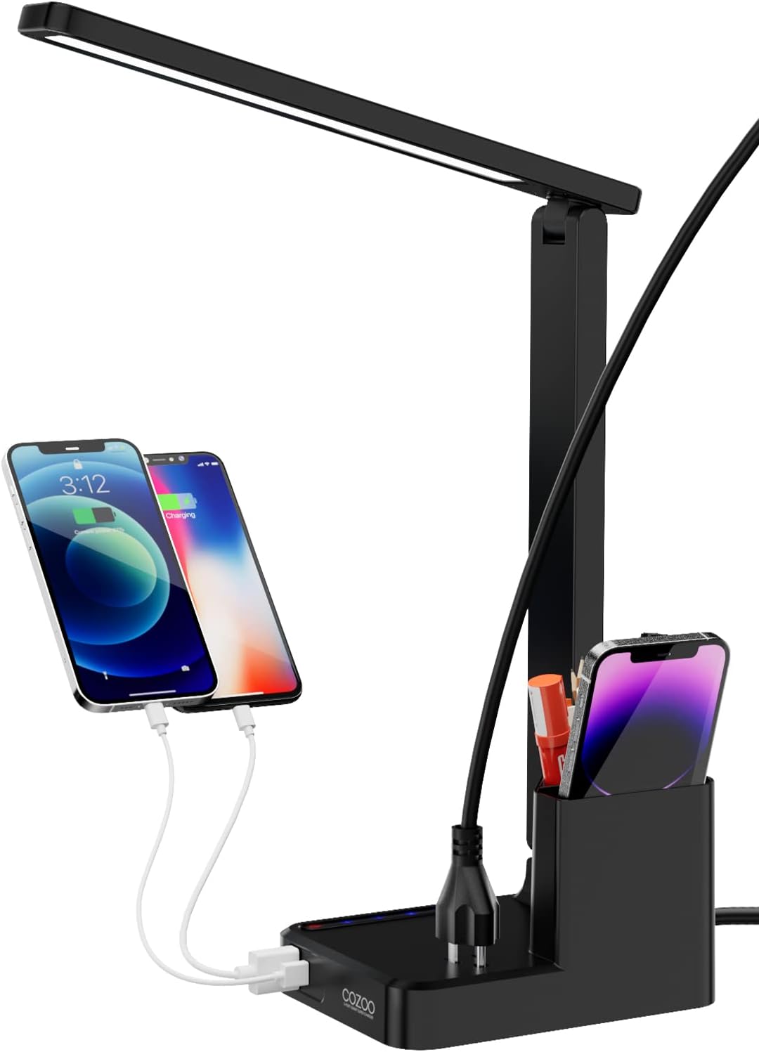 Dimmable LED Table Lamp with Pen Holder/Organizer,Study LED Desk Lamp with USB Charging Port/Type C Port/Outlets/Storage Box/Touch,Kids Desk Reading Light for Students,Dorm Room Essential for College