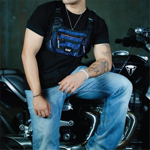 Image of MONKEY TROOPERS Torque Magnetic Chest Bag for Biking, 2L, Blue Camo | Magnetic Tank-Mount Harness, Touch-Sensitive Phone Pocket, Detachable Front Pouch, Organiser Pockets