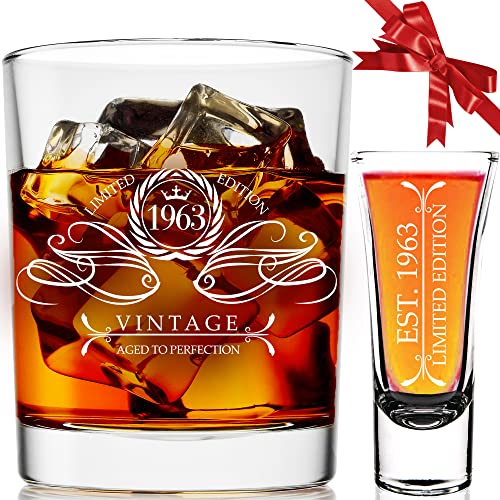 Paris Product. Vintage 1963 Aged To Perfection 60 Whiskey Glass + 2Oz Shot Glass For Men, 60Th Birthday Gift For Men, 60Th Birthday Decorations For Men, 60Th Birthday Gift Ideas, 60Th Party Favors #TOP10