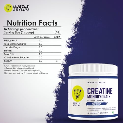 Image of Muscle Asylum Creatine Monohydrate Red Bison Flavour | 3000mg Creatine Per Serving | Pre Workout Supplement for Strength, Energy, Endurance & Muscle Recovery | Micronized Creatine Powder | 62 Servings | 250g
