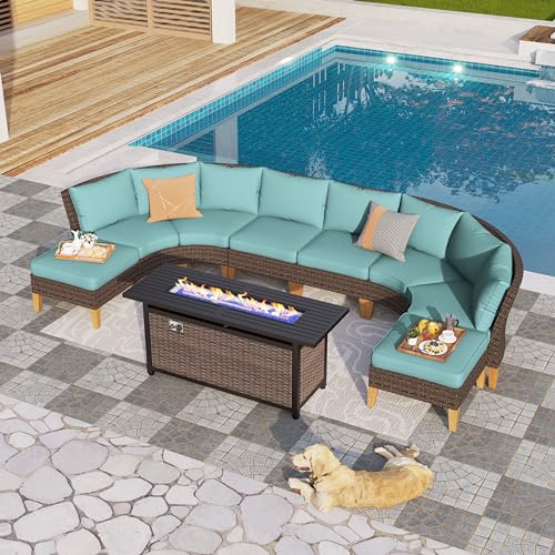 PHI VILLA 9-Piece Patio Furniture with Fire Pit Table Set