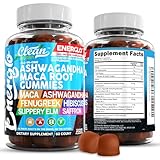 Ashwagandha Maca Root Gummies with Fenugreek Hibiscus Slippery Elm Saffron Extract & Beta Carotene | Peach Flavor Vegan Gummy Vitamins Adaptogen Cortisol Supplement Energlo by Clean Nutra