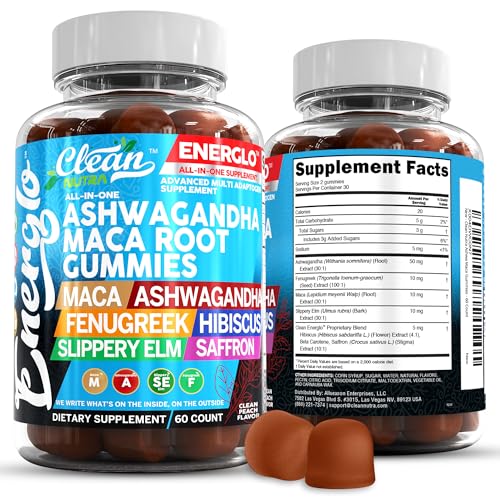 Ashwagandha Maca Root Gummies with Fenugreek Hibiscus Slippery Elm Saffron Extract & Beta Carotene | Peach Flavor Vegan Gummy Vitamins Adaptogen Cortisol Supplement Energlo By Clean Nutra
