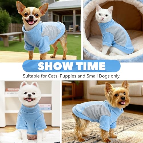 Image of Small Fleece Dog Sweater with Leash Ring Soft Warm Fall Winter Dog Clothes Cute Cat Apparel Puppy Sweaters Classic Pullover Doggy Sweatshirts Chihuahua Costumes Cat Outfits(Blue,M)