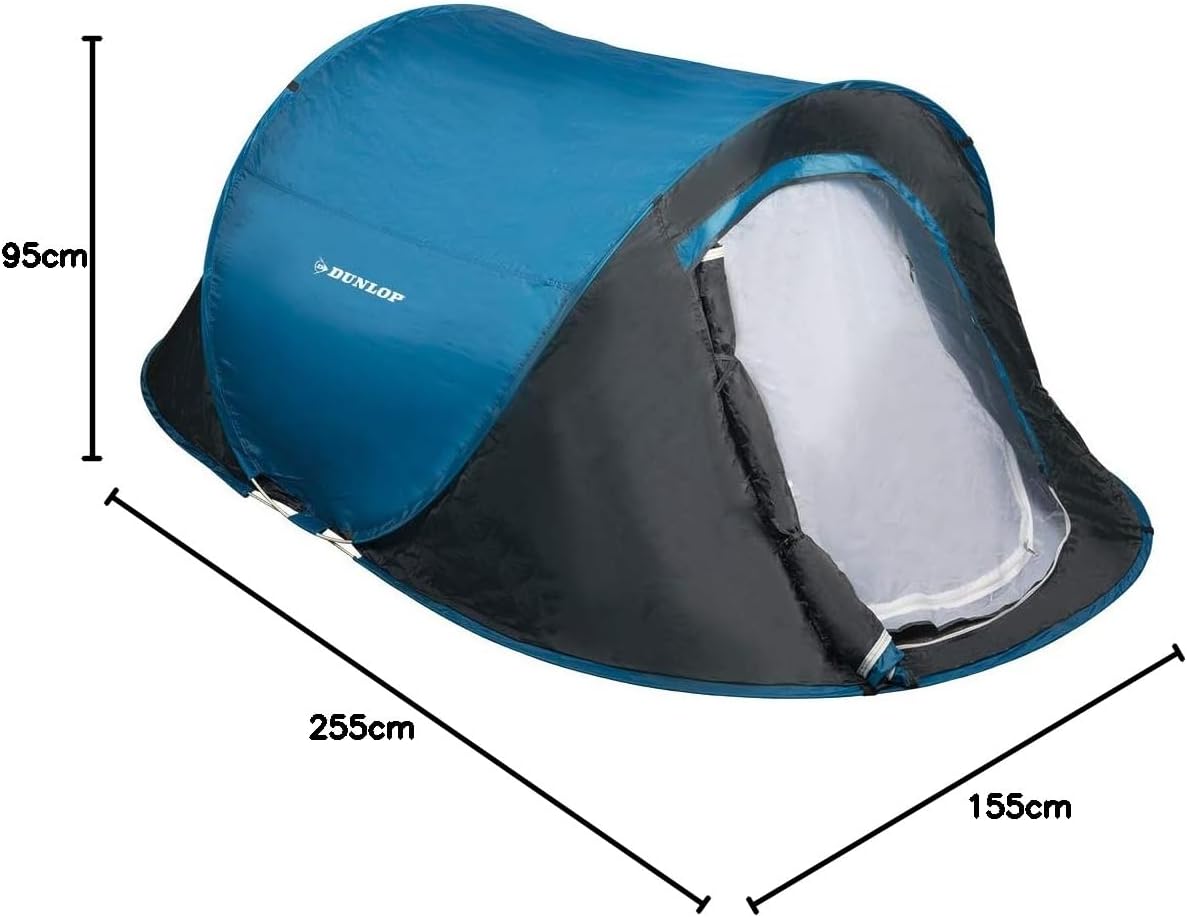 Dunlop 2-Person Pop-Up Dome Tent with dimensions labeled: 255cm length, 155cm width, 95cm height.