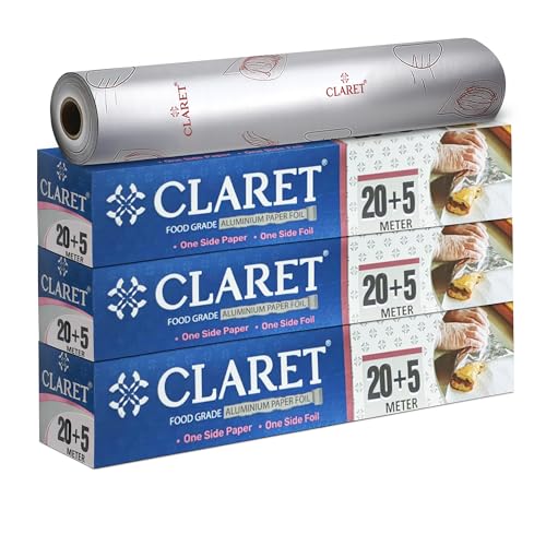 Image of Claret 2 in 1 Aluminium Foil & Paper Roll for Food Wrapping | Wrap Roti & Fresh Kitchen Food Essential | Keep Food Warm | Non Stick | 20+5 M Length | Pack of 3