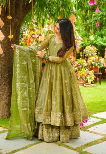 Image of Designer Heavy Crunchy Silk Anarkali Dress for Women | Fully Flared Embroidered Gown with Dupatta | Wedding