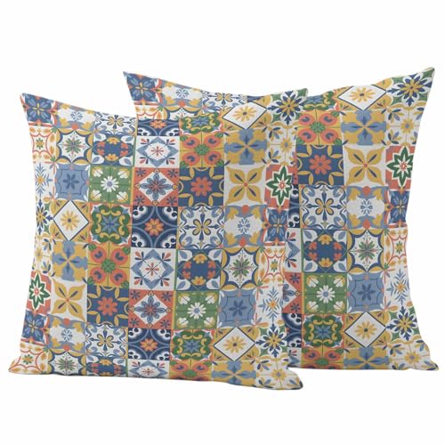 Vintage Outdoor Pillow Covers Pack of 2 Spanish Tiled Floral Mediterranean Waterproof Garden Farmhouse Cushion Cases Decorative for Patio Furniture Balcony Couch Sofa 16 x 16 Inch