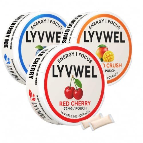 Image of LyvWel 72mg Caffeine Energy Pouches - Cherry Blast, Blueberry Ice, Mango Crush - Clean Energy with Guarana for Focus & Stamina - 3-Pack (48 Total Pouches)