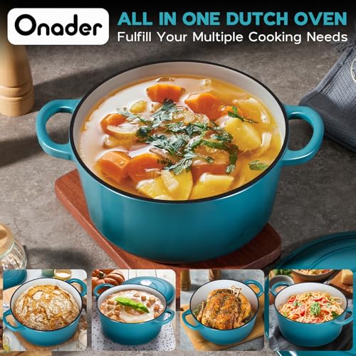 Onader Enameled Cast Iron Dutch Oven, 6 QT Dutch Oven Pot with Lid, Heavy Duty Cookware for Sourdough Bread Baking - Dark Cyan