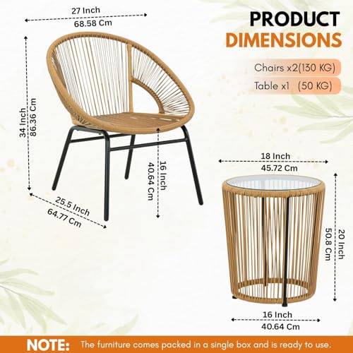 Image of DEVOKO Rope Outdoor 3-Piece Patio Chair Glass Top Round Table Set with All-Weather Rope Design Sturdy Durable Metal Frame for Garden, Balcony, Terrace, Deck(Beige)