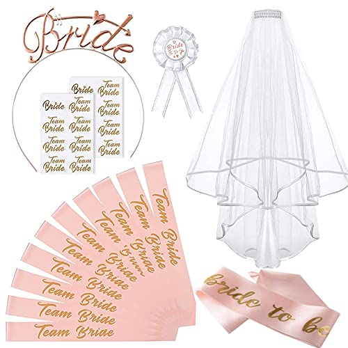 Bride to Be Accessoire evjf femme déguisement Enterrement de vie de Jeune Fille Voile de mariée blanc Or rose Bandeau Diadème Badge/Tatouage écharpe team mariée, accessoires de fête de nuit mariage Cover
