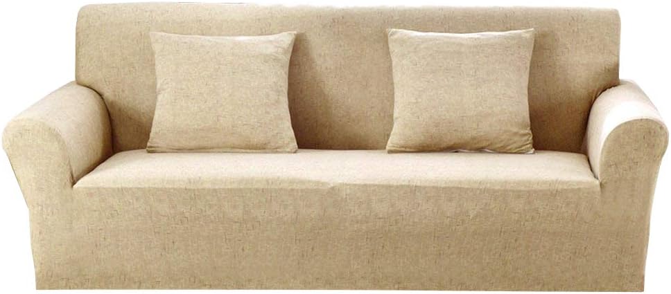 Monba Linen Style Sofa Cover 1 2 3 4 Seater Slipcover Stretch Anti-skid Elastic Polyester Couch Cover Loveseat Furniture Protector Washable(2 Seater:140-185cm,Khaki)