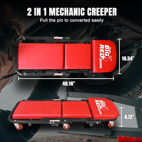 Image of Big RED ATW4015ZR Torin ,40 inch Foldable Z-Creeper Seat,2-in-1 Garage /Shop Creeper,330 lbs Capacity,Low Profile Creeper with 6 pcs Wheels for Auto Repair,Garage and Shop,Lay Down or Sit,Red