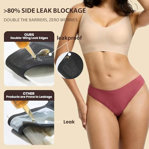 Image of Seamless Thong Period Underwear for Women Teens Light Flow Moisture Wicking Side Leak Prevention Panties 3 Pack