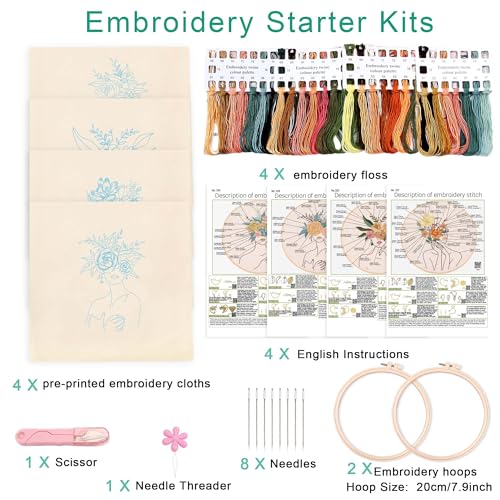 Image of Harimau Adult Beginner Embroidery Starter Kit, Complete Set with 4 Patterns, 2 Hoops, Needles, Scissors, Instruction Guide & Stitching Video Tutorials