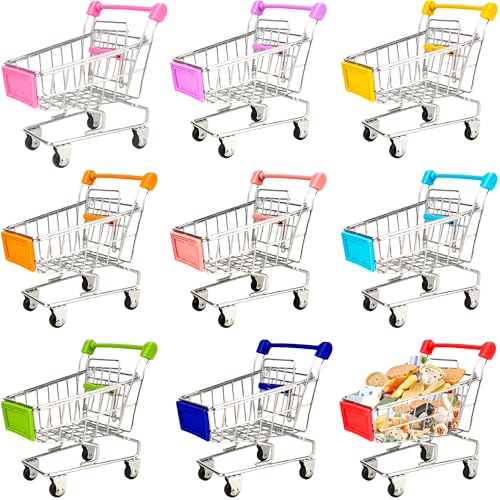 Flahard 9 Pcs Mini Shopping Cart Tiny Supermarket Handcart Desk Shopping Cart Toys Bulk for Kids Desk Decoration Doll House Cosplay Accessory 9 Colors