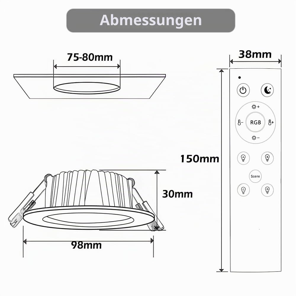 LED Einbaustrahler RGBW Smart LED Spots 230V Dimmbar APP Bluetooth Einbauspots warm und kaltweiss farbwechsel, 2700K-6000K, 8er Set 7W, Alu, IP44 Deckenspots für Badezimmer, Küche, Wohnzimmer