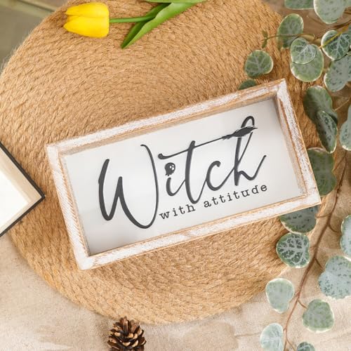 Image of Embossed Witch Sign, Farmhouse Halloween Decorations Indoor, Vintage Halloween Tiered Tray Decor, Funny Spooky Halloween Centerpieces for Table Cubicle Desk Mantel Fireplace