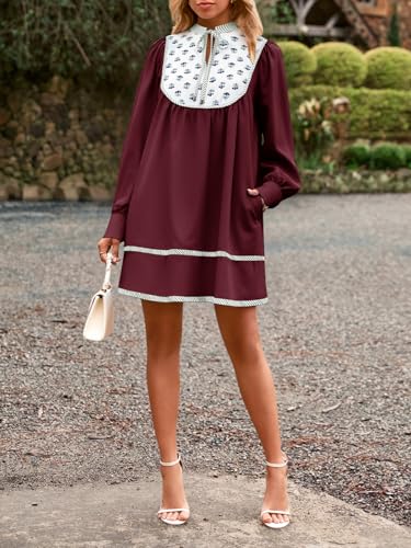 Image of Wenrine Womens Casual Floral Mini Dress Fall Long Sleeve V Neck Patchwork Loose Boho Shirt Dresses