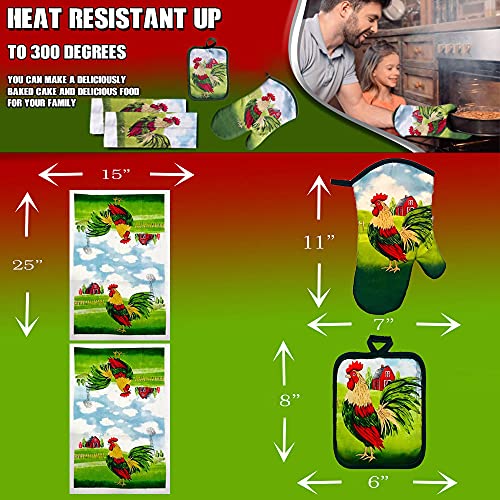 Lobyn Value Packs 4 Pack Kitchen Linens Lightweight Decorative Kitchen Towel Oven Mitt & Potholder (Rooster 2) #TOP3
