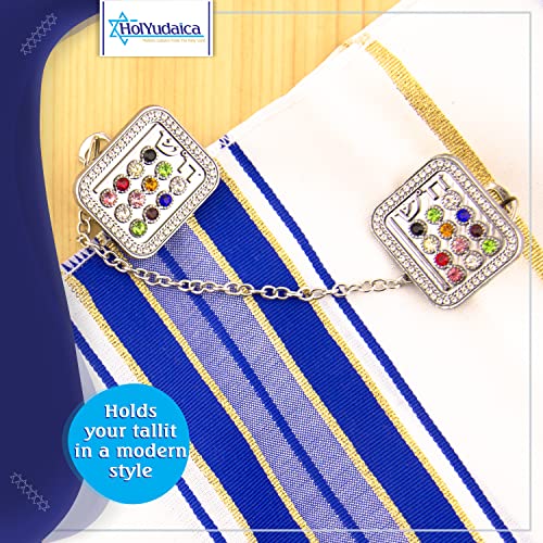 HolYudaica Clips for Tallit Prayer Shawl, Made in Israel, Silver Color wirh a Priestly Breastplate - Stones of The Choshen & Clear Stone Around Design, 3CM / 3.5CM by HolYudaica - Used condition - Image 3