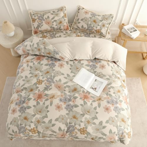 Image of Story@Home King Size Bedcover Set | 400 TC Microfiber Bedding Set with 1 Duvet Cover 1 King Bedsheet 270 x 250 cm & 2 Pillow Covers | Soft Durable Duvet Cover Set Floral Pattern | Beige Peach