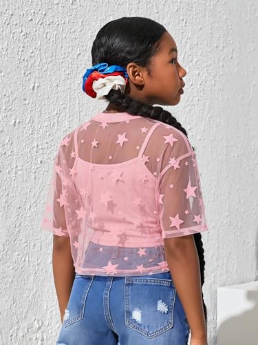 Image of BEAUDRM Girl's 2 Piece Set Star Graphic Sheer Mesh Shirt Crew Neck Short Sleeve Crop Top with Camisole