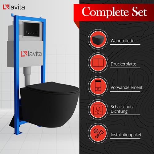 Lavita LAV 101 Vorwandelement für WC 40cm + Wand Hänge Tiefspül WC SINTO Schwarz Spülrandlos + Bedienplatte LAV 200.3.4 Schwarz + WC Sitz mit Absenkautomatik Komplettset Unterputz Spülkasten WC – Bild 3
