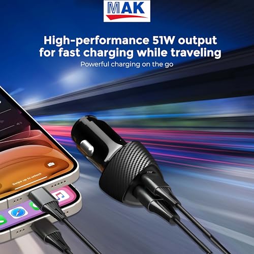 Image of MAK Dual Port 51W Car Charger with 33W USB-C PD & 18W QC 3.0 Fast Charging, Compact Car Mobile Charger for iPhone, Android & Tablets (Black).
