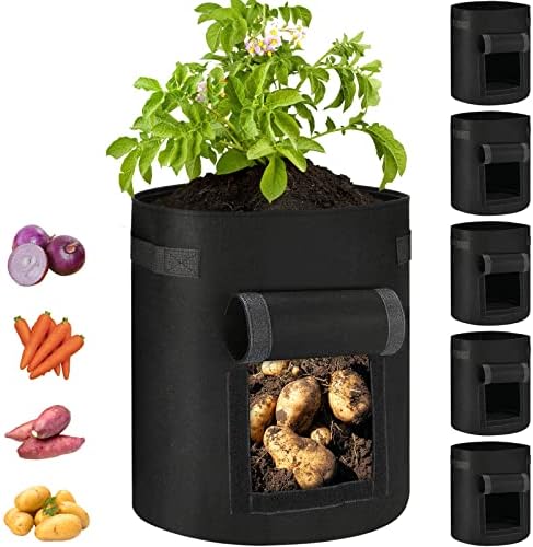 ASKIZ 6 Pack Potato Grow Bags with Flap,10 Gallon Thickened Large Garden Planting Bags, Aeration Nonwoven Fabric Pots with Handles and Harvest Window for Potato Carrot Onion and Vegetables