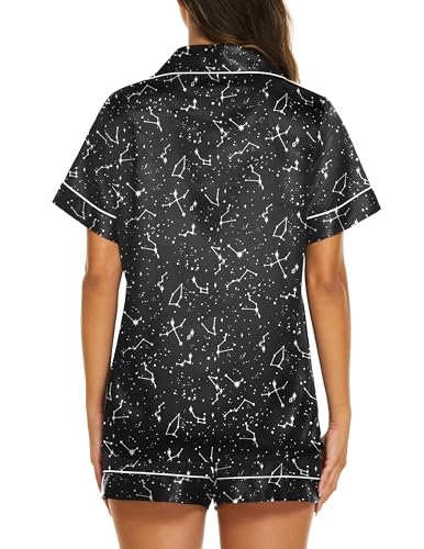 Image of Ekouaer Silk Pajamas for Women Short Sleeve Sleepwear Soft Button Down Loungewear 2 Piece Satin Pjs Shorts Set,Floral Black Stars,L