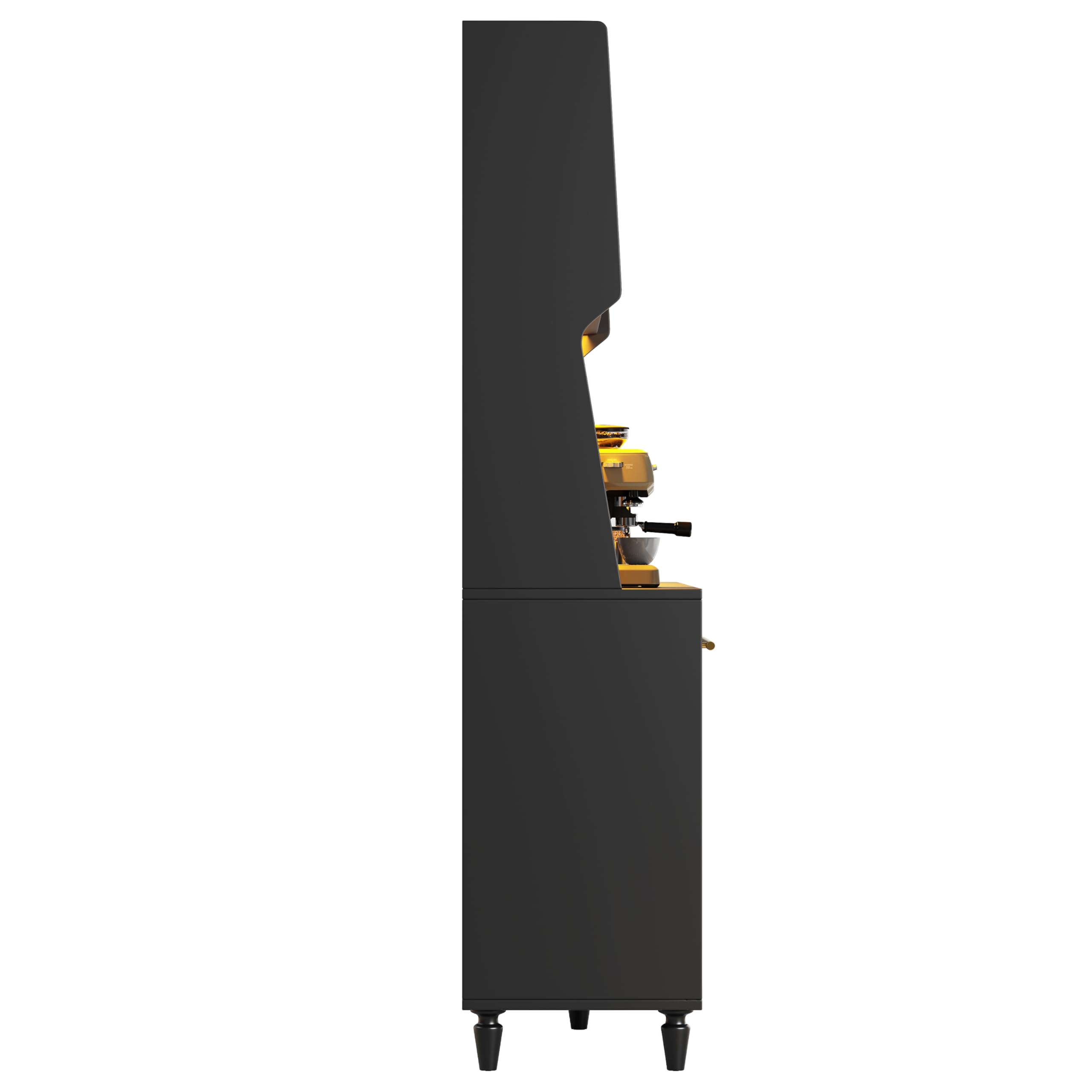 Küchenschrank, Hochschrank,Vitrinenschrank, Buffetschrank mit Verstellbaren Ablagen, Esszimmerschrank mit 3 Schubladen,Sideboard mit LED-Beleuchtung, PE-Rattan, schwarz