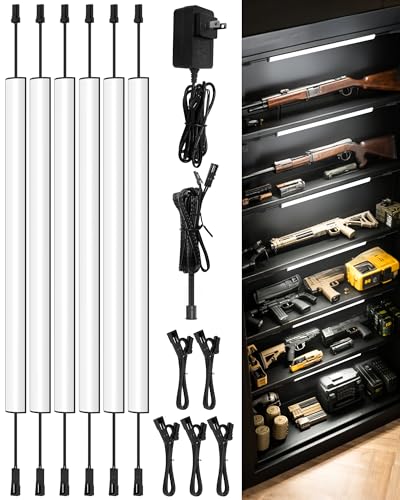 ASOKO Gun Safe Lighting Kit, 6pcs Linkable 12Inch Light Bars,1600LM Motion Activated Under Cabinet Lighting with 24V 1A Power Adapter, 6000K Cool White for Gun Safe Locker Closet Display Case