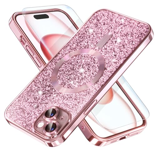 Misea Magnetic for iPhone 15 Case Compatible with MagSafe [Military Grade Drop Protection] Full Camera Lens Protector Plating Glitter Soft Phone Case for Women Girls, Pink