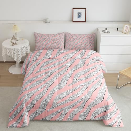 Image of Feelyou Women Leopard Bedding Set Girls Pink Silver Print Comforter for Kids Boys Teens Glitter Zebra Safari Animal Quilt Room Decor Duvet All Season King Size
