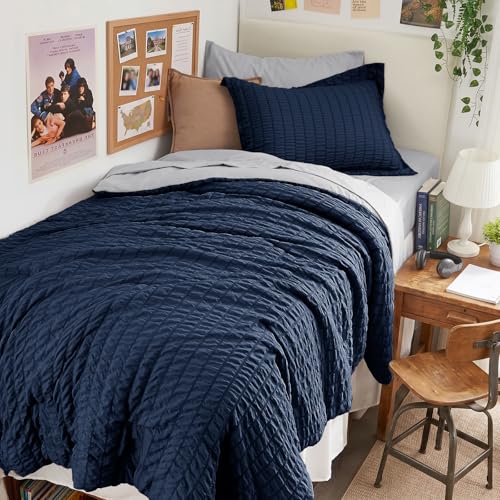 Image of HYMOKEGE Navy Blue /Light Grey Twin Comforter Set Seersucker 5 Pieces, All Season Luxury Bed in a Bag for Bedroom, Bedding Set with Comforter, Sheets, Pillowcase & Sham