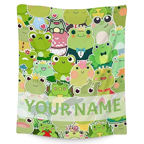 Personalized Frog Blanket Gifts with Name - 40x50 Inches Cute Throw for Girls & Boys - Colorful Soft Fuzzy Blankets for Bed, Couch & Living Room