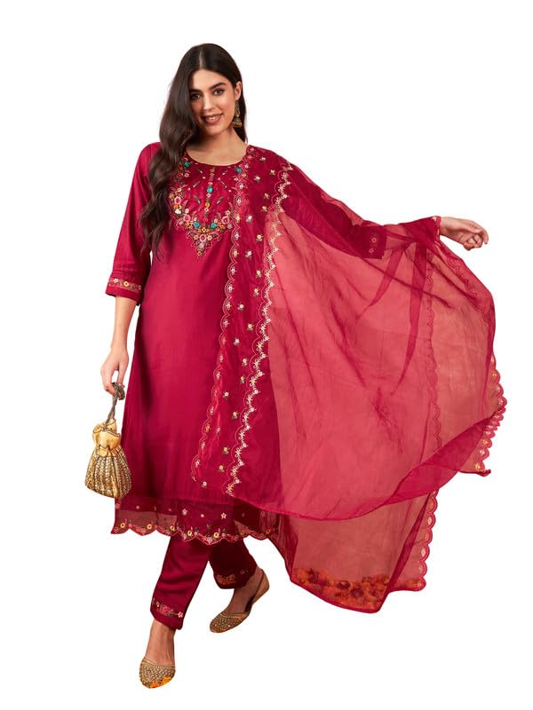 Image of INDO ERA Women's Embroidered Calf Length Silk Blend Straight Kurta Pant with Dupatta