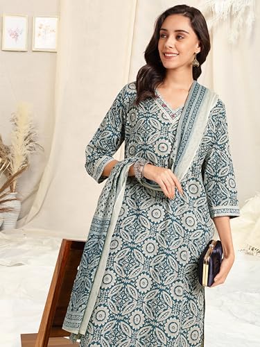 Image of MIRCHI FASHION Women's Straight Fit Pure Cotton Printed Kurta Set with Dupatta and Trouser