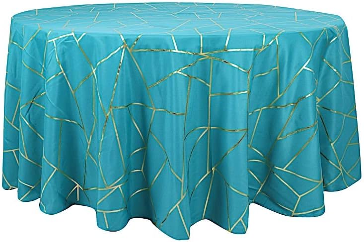 Mantel redondo de poliéster con diseño geométrico metálico dorado verde azulado de 120 pulgadas