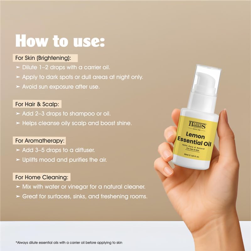Image of Habibs Pure Lemon Essential Oil - 100% Undiluted, Therapeutic Grade for Uplifting Aromatherapy & Cleaning 30ML