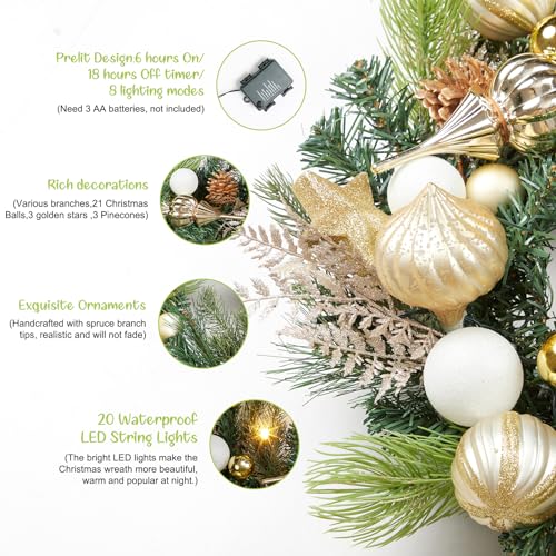 Christmas Wreath with Lights, 24in Xmas Wreath for Front Door, 20LED Artificial Wreath Decorated with Pine Cone Ball, Winter Holiday Decoration Indoor Outdoor