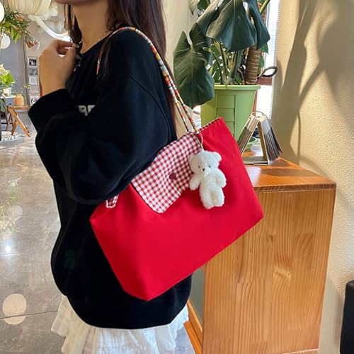 Teclado Kawaii Hobo Bag with Cute Accessory Denim Cotton Casual Shoulder Stachel Bag Travel Daypacks (Red)3